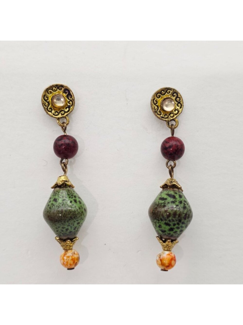 Vintage Drop Earrings With Green Speckled Ceramic Beads Red Accents & Gold-Tone